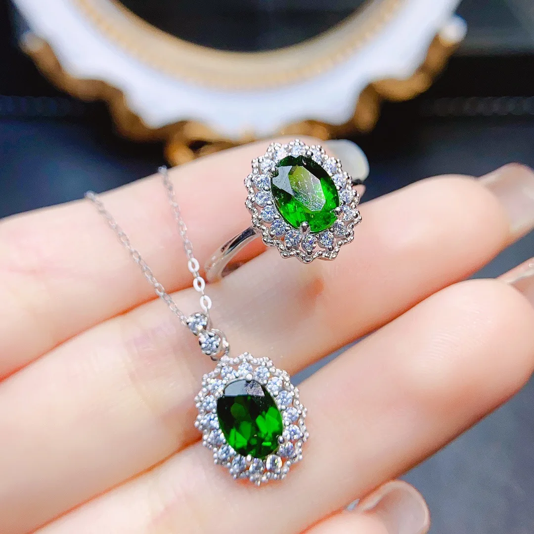 

Natural Diopside Necklace & Ring Set, S925 Silver Setting 6x8mm Main Stones, Vibrant Green Gemstone Jewelry Gift for Women