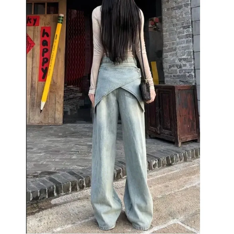 Cool High-waisted Jeans Female Plus Size Retro Street Personality Detachable Waist Belt Stacked Wide-leg Pants