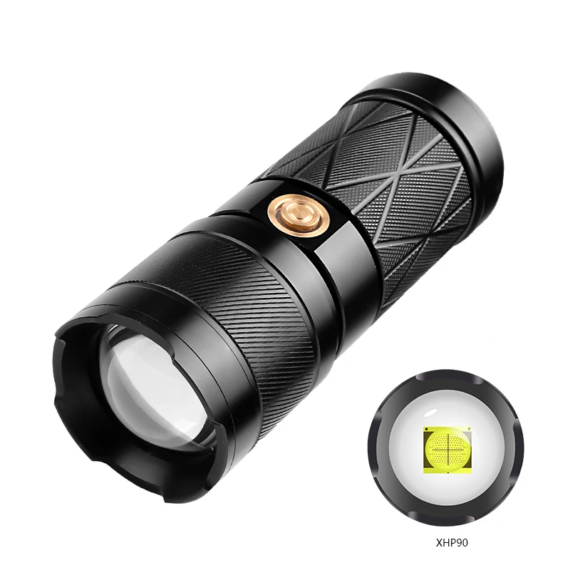 ZK20 Dropshipping XHP90 USB Rechargeable LED Flashlight 5 Mode Zoom Output Torch Built-in 2200 Battery Type-c Tail Work Light