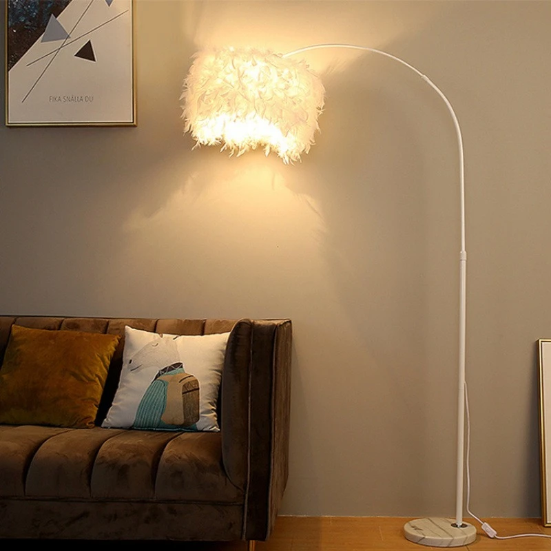

Nordic Atmosphere Feather Floor Lamp Simple and Creative Living Room Bedroom Bedside Night Light LED White Fishing Floor Light