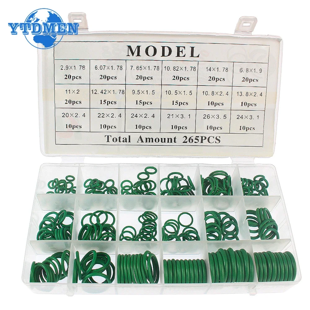 265pcs/270pcs O-Ring Repair Kit 18 Types Durable Green Rubber Sealing Rings, for Automotive Air Conditioning Compressor Complete