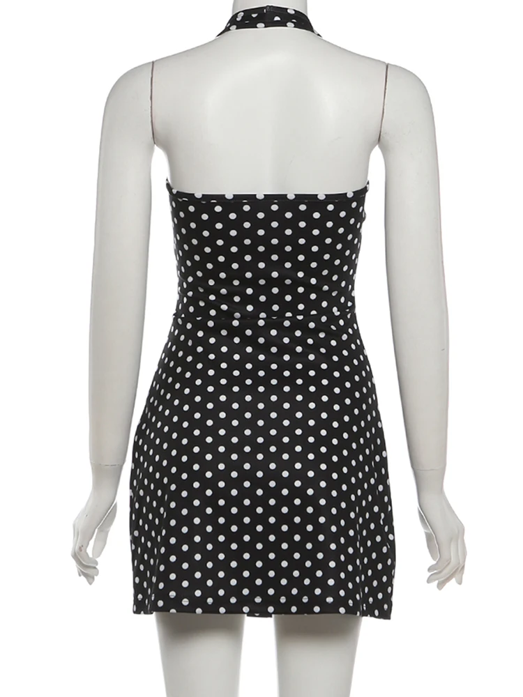 Kliou Polka Dot Print Minikleid für Damen, Sommertrend, Neckholder, tief ausgeschnitten, rückenfrei, ärmellos, formende Taille, Y2K, eleganter Stil, figurbetont – Detail 5