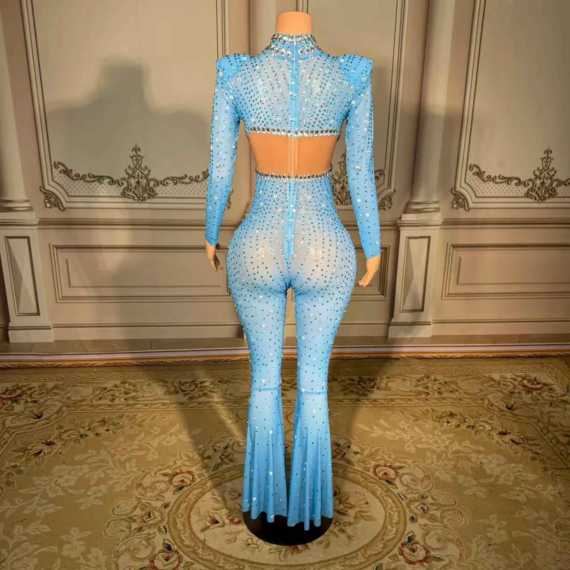 Romper seksi lengan panjang transparan berpayet kristal, bodysuit one piece, leotard penari eksotis wanita pesta, jumpsuit berhiaskan rhinestones.