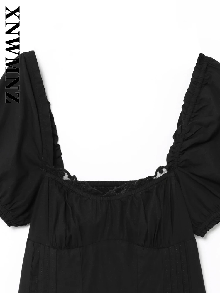 XNWMNZ Mini abiti in raso senza schienale a maniche corte casual eleganti da donna estivi Moda donna vintage colletto quadrato abito a pieghe