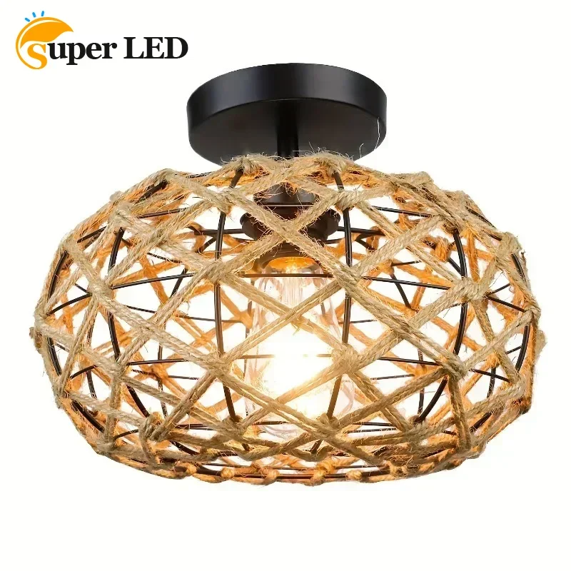 

Handwoven Hemp Rope Ceiling Lights Fixture Semi-Flush Mount E26/E27 Pendant Lighting Shade for Hallway Bedroom Kitchen Balcony