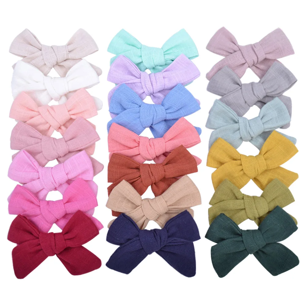 2Pcs/Set 3Inches Cotton Linen Solid Color Bowknot Hair Clip for Kids Girls Handmade Boutique Hair Bows Headwear Hair Accessories