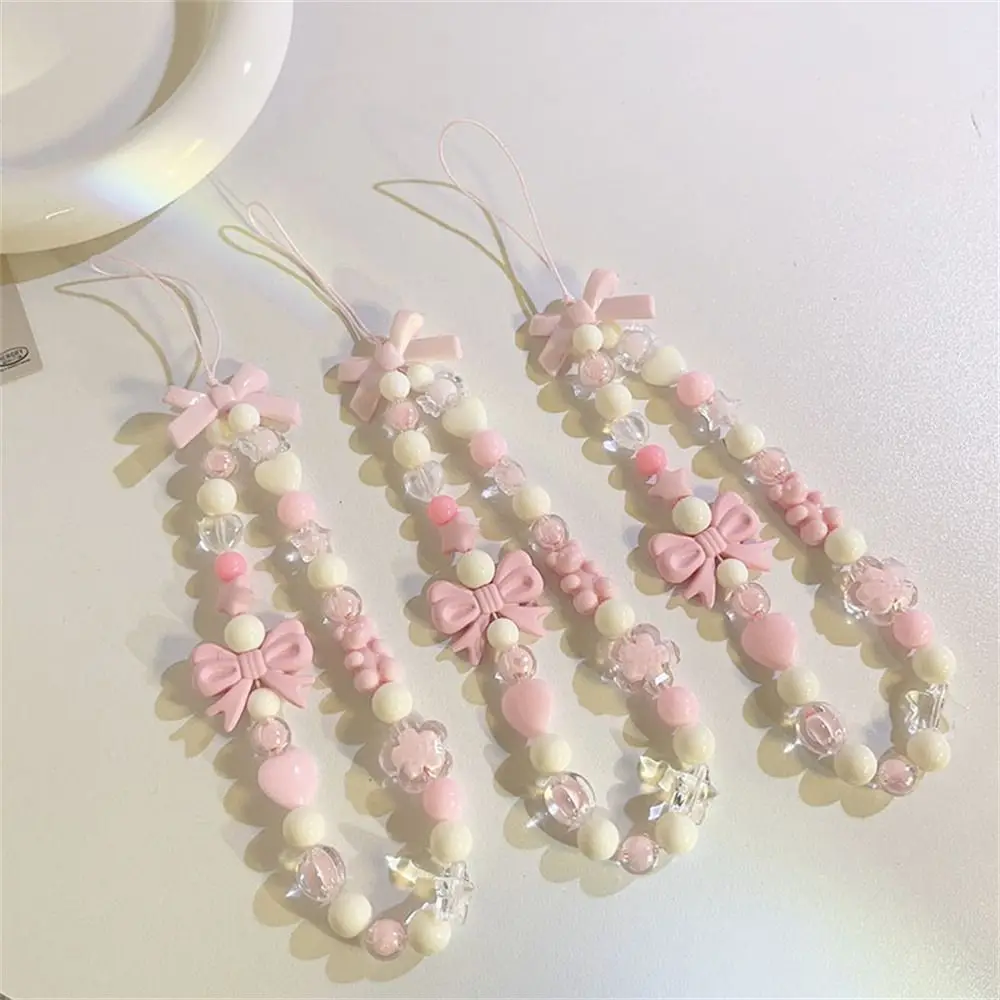 

Pink Love Beaded Phone Chain Butterfly Flower Heart Bowknot Cellphone Strap Hanging Cord Telephone Decor Mobile Lanyard