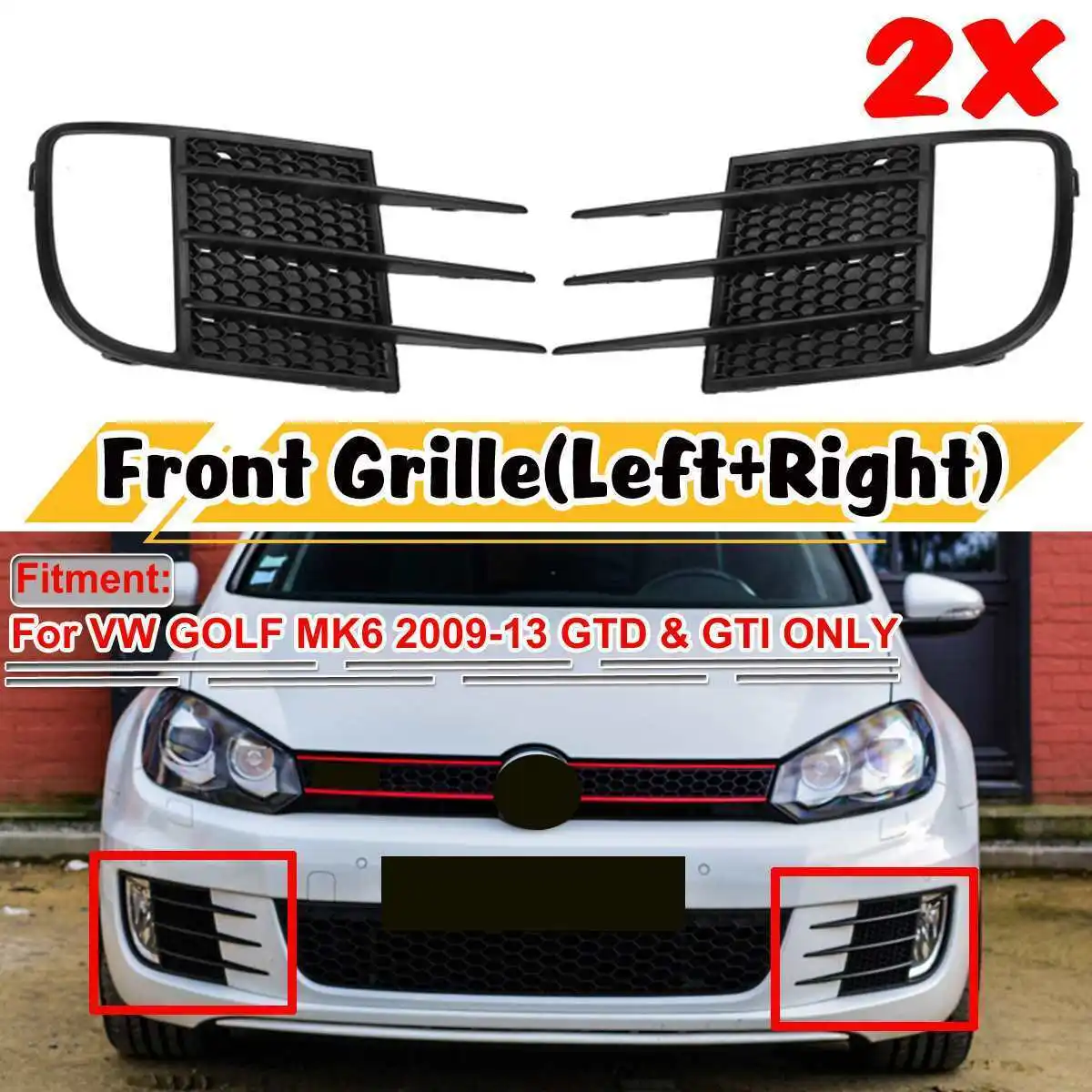 2PCS Car Front Bumper Grille Honeycomb Unfading ABS Fog Light Cover Lower Grill Set Replacement For VW Golf GTI 6 VI 2009-2013