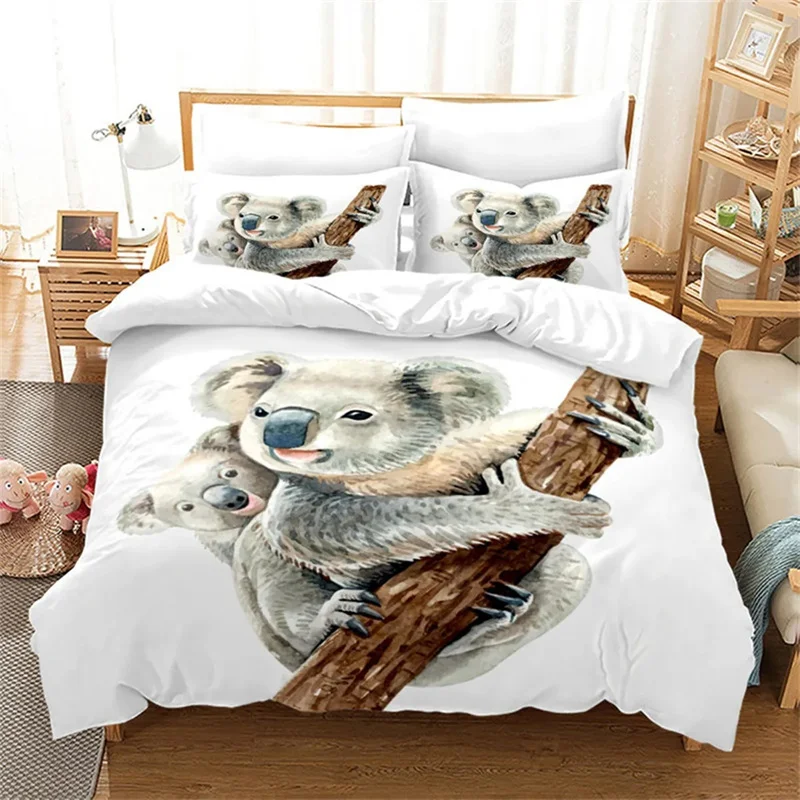 Cartoon Koala Branch Duvet Cover Microfiber Cute Animal Paint Artistic Theme for Boys Girls Children Room Decor Queen King Size