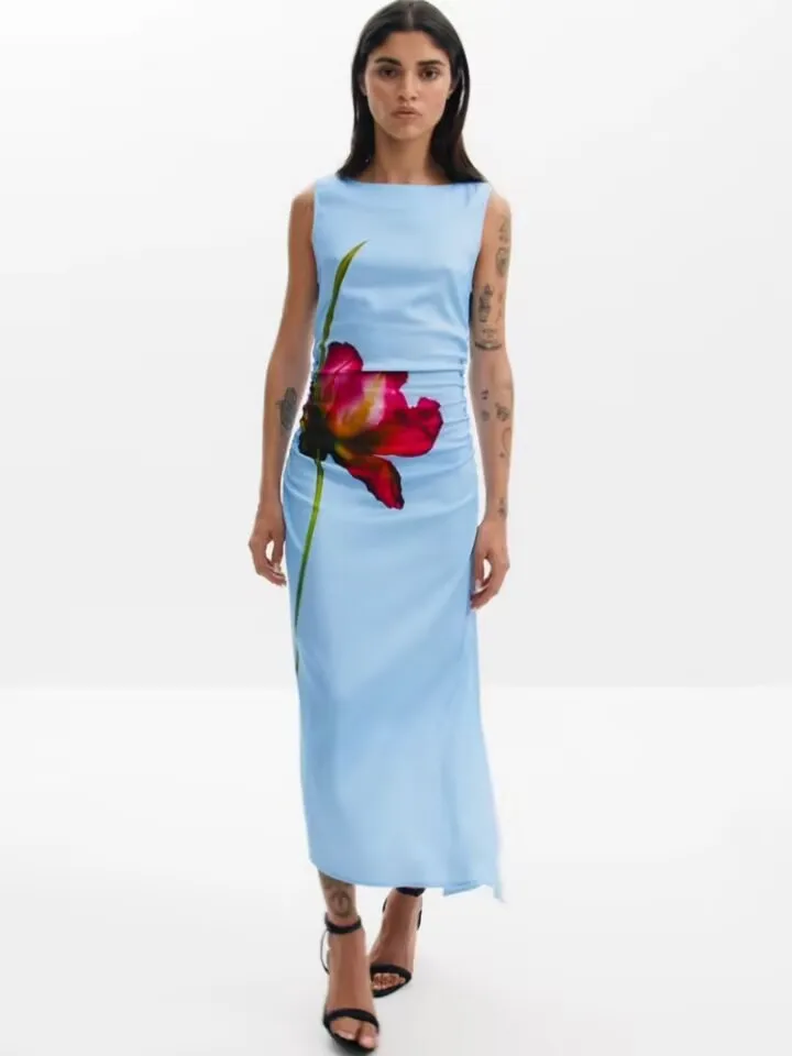 New, foreign trade Spain hot selling dress, floral print waist sleeveless dress.