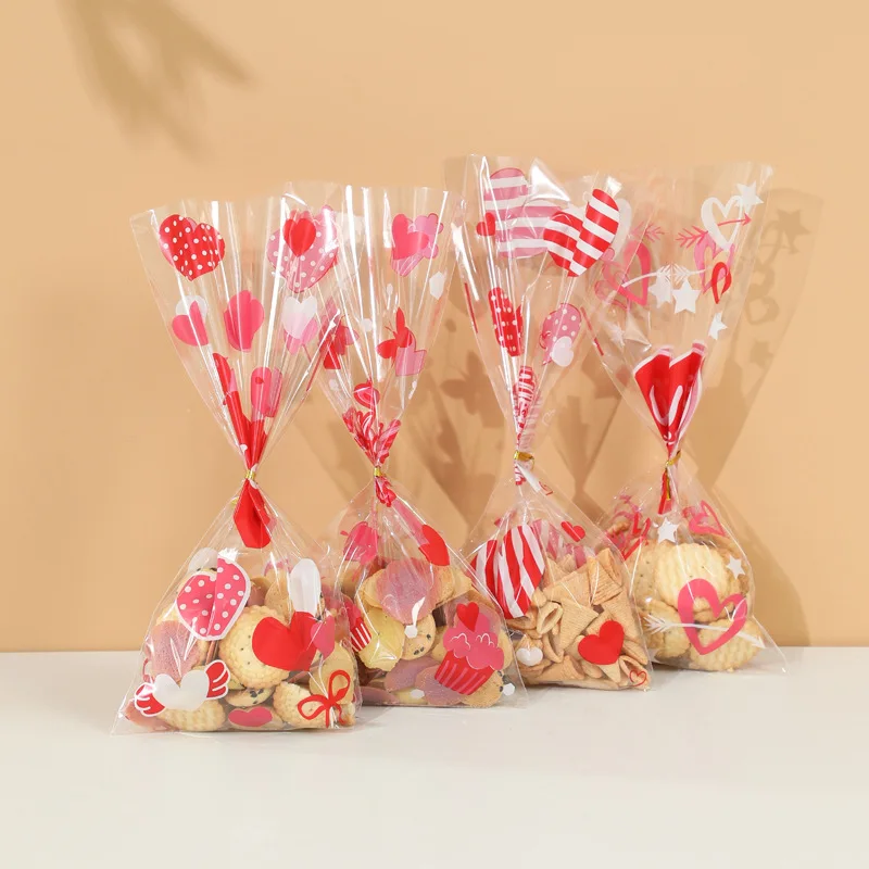 50/100pcs Valentines Gift Bags Red Love Heart Cellophane Candy Treat Bags for Valentine's Day Wedding Party Favor Goodies Bags