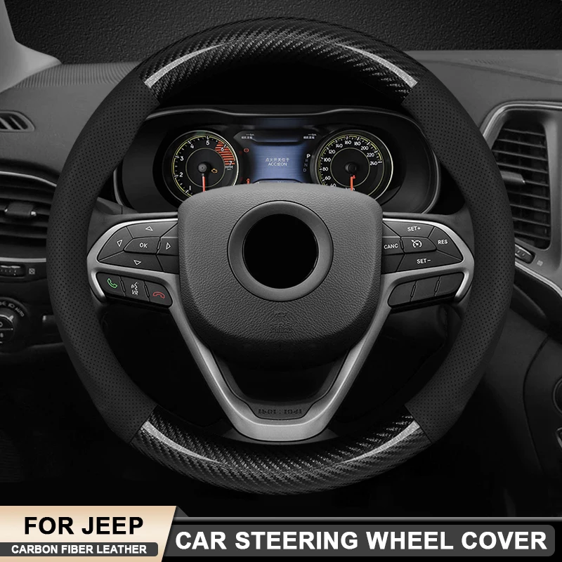 

Car Carbon Fiber Leather Steering Wheel Cover Jeep Wrangler Grand Cherokee Compass Patriot Commander Wagoneer Gladiator Renegade