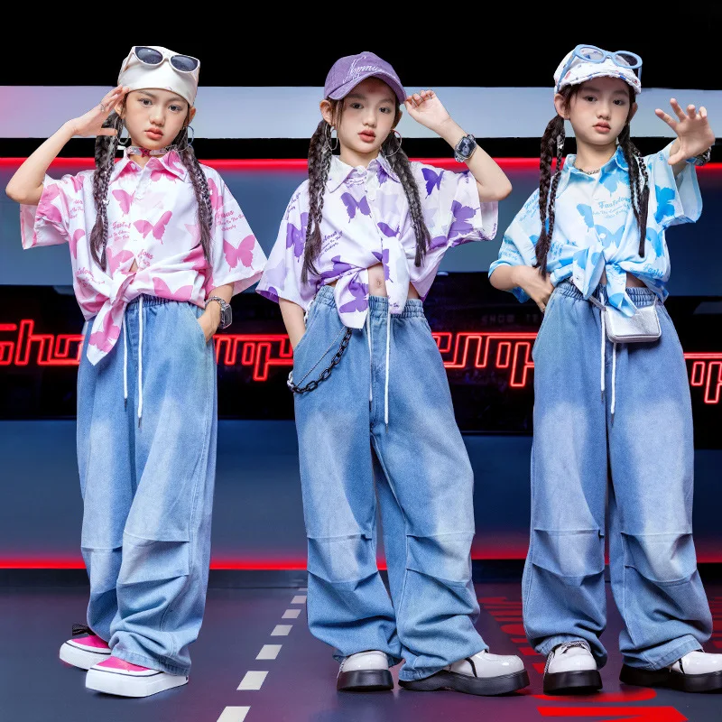 

Детский костюм для уличных танцев, рубашка для мальчиков, красивый костюм в стиле хип-хоп для девочек, джинсовый костюм для джазовых танцев, брюки, костюм