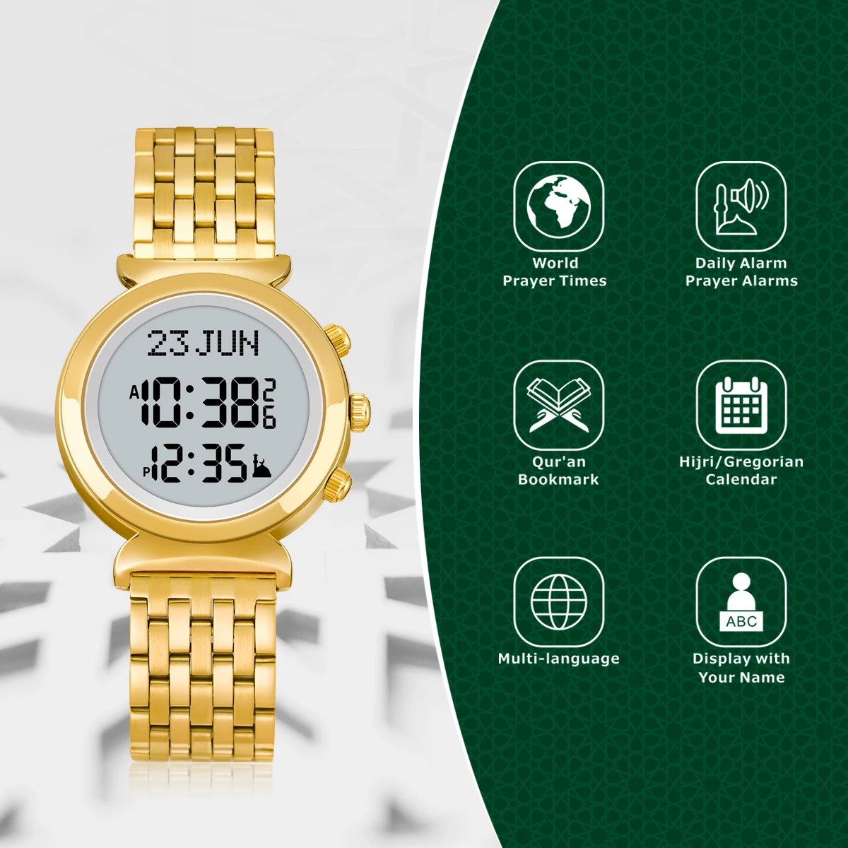 AL-FATIHA/AL SALAH Alloy Azan Watch Muslim Wristwatch With Backlight Hijri Calendar English Arabic Islamic WF-14