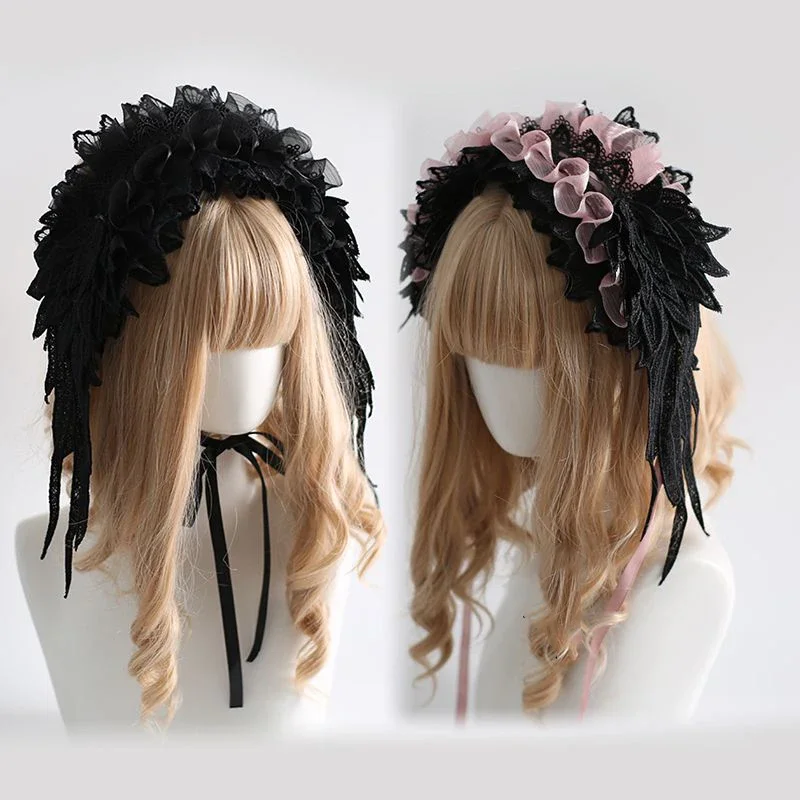 Ribbon Bow Hairband with Hairpins Brooch Girls Lolita Lace Ruffled Headband Sweet Star Embroidery Anime Maid Cosplay Headdress
