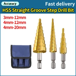Broca escalonada de ranura recta HSS, cortador de agujeros de Metal y madera recubierto de titanio, juego de herramientas de perforación de núcleo, 3-12mm, 4-12mm, 4-20mm
