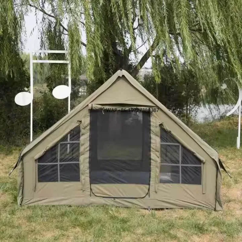 Green TC Cotton Inflatable Tent, 8+8㎡ with Cotton Air Column, Expandable 1-Room-1-Living, Waterproof for Family Camping