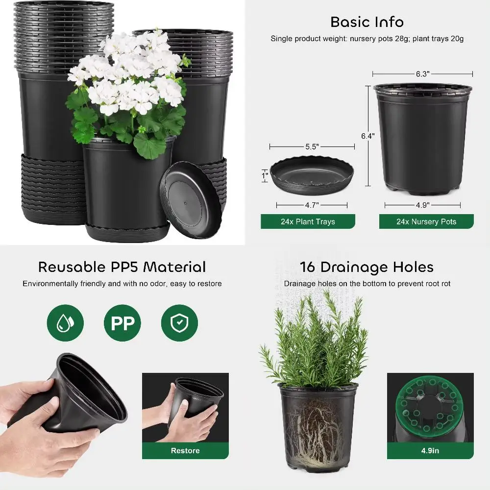 

New 24 Pack Plant Pots with Drainage 6 Inch 0.5 Gallon Plants Flexible Nursery Pot Flower Pots Hole and Saucer