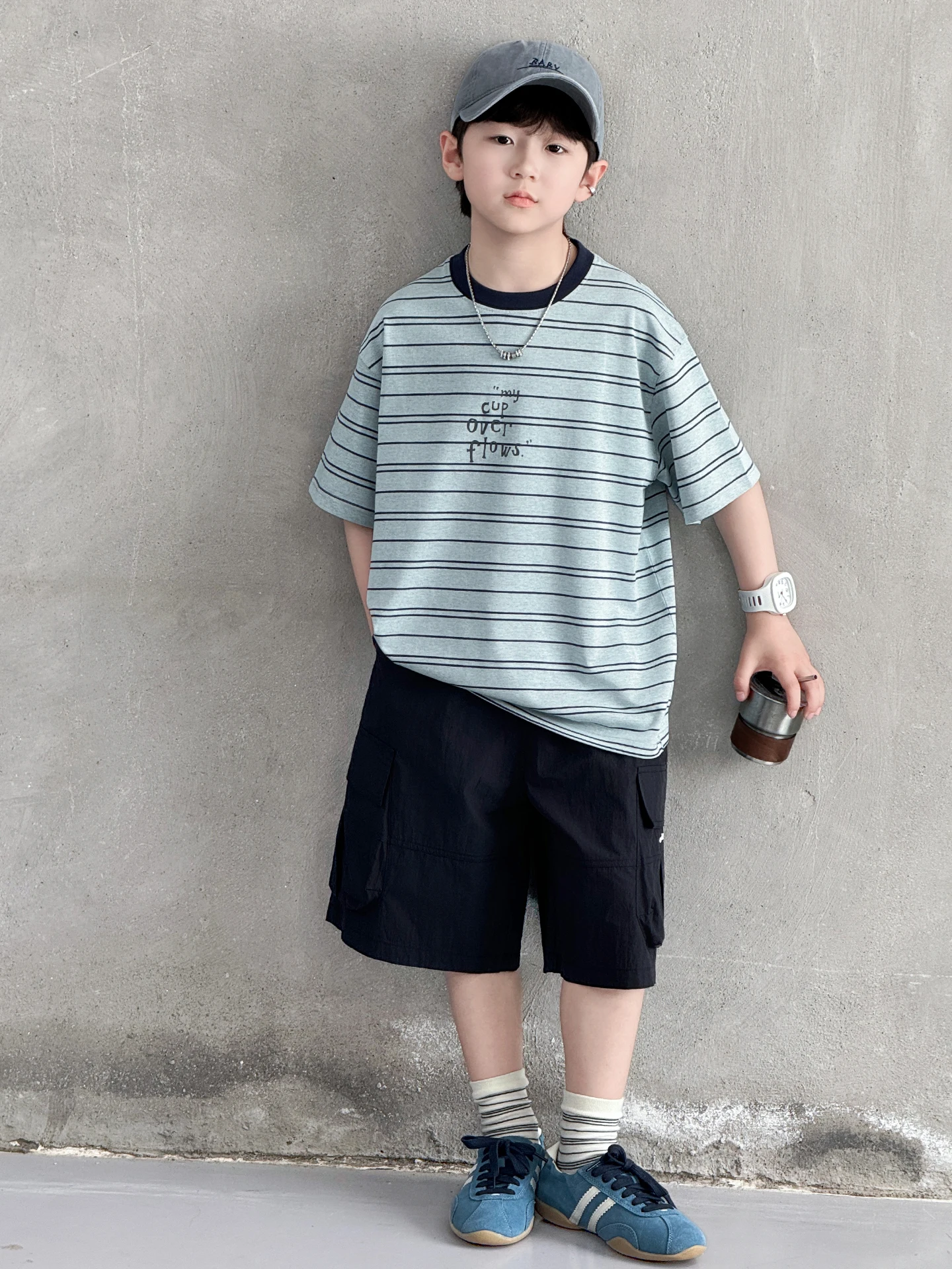 男の子用サマーストライプカジュアル半袖セット、中高学年向けトレンディスポーツウェア、快適な綿混素材