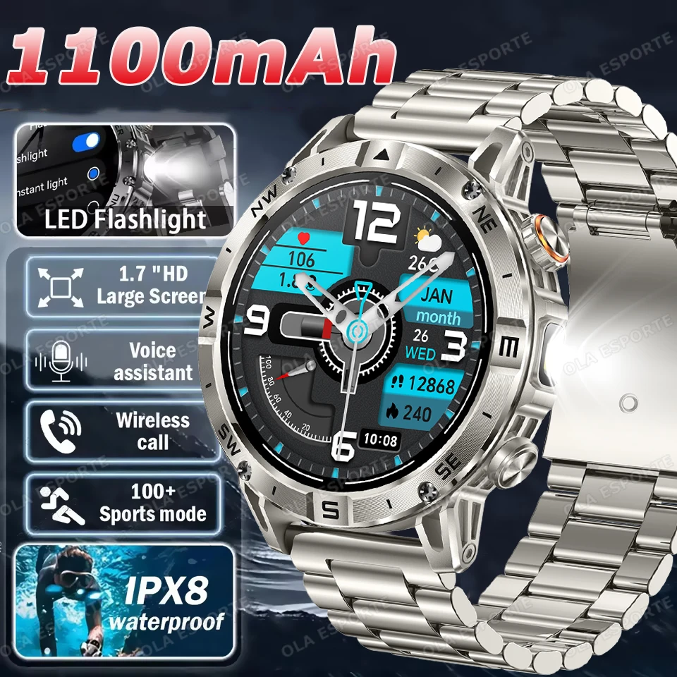 

2026 Military Smart Watch Men 1100mAh Battery Outdoors LED Flashlight Waterproof Heart Rate Sport BT Call 1.7" AMOLED Smartwatch