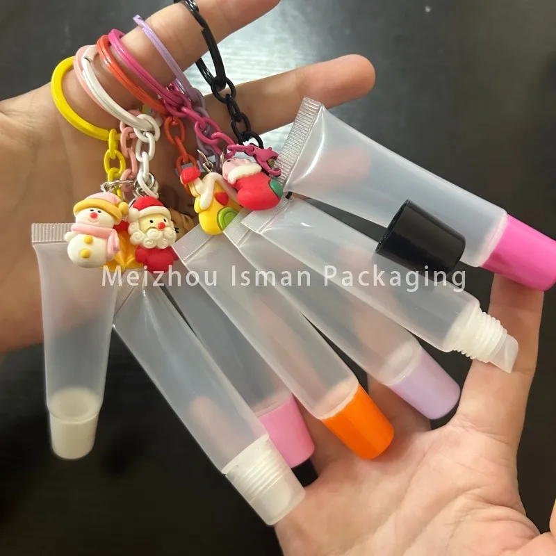 50Pcs Leere 15ML Leere Weihnachten Rosa Lip Gloss Squeeze Kosmetische Lippenstift Lip Balm Verpackung Lip Gloss Rohr Mit nette Schlüssel Kette