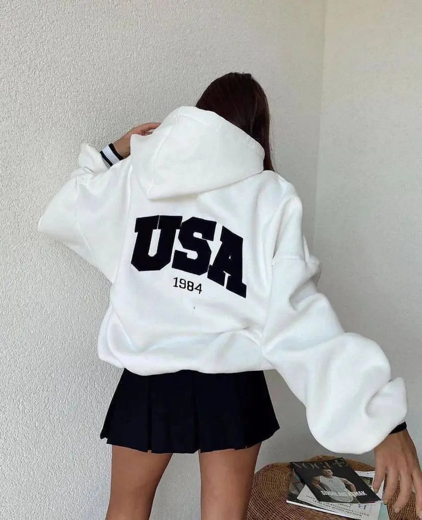 2024 European and American women's casual fashion printed thick versatile top long sleeved hooded sweatshirt for women