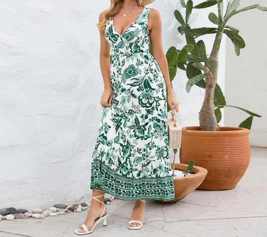 Vestido largo de cintura alta sin mangas para mujer, vestido bohemio con estampado Floral Retro, cuello en V, cintura alta, vacaciones de verano