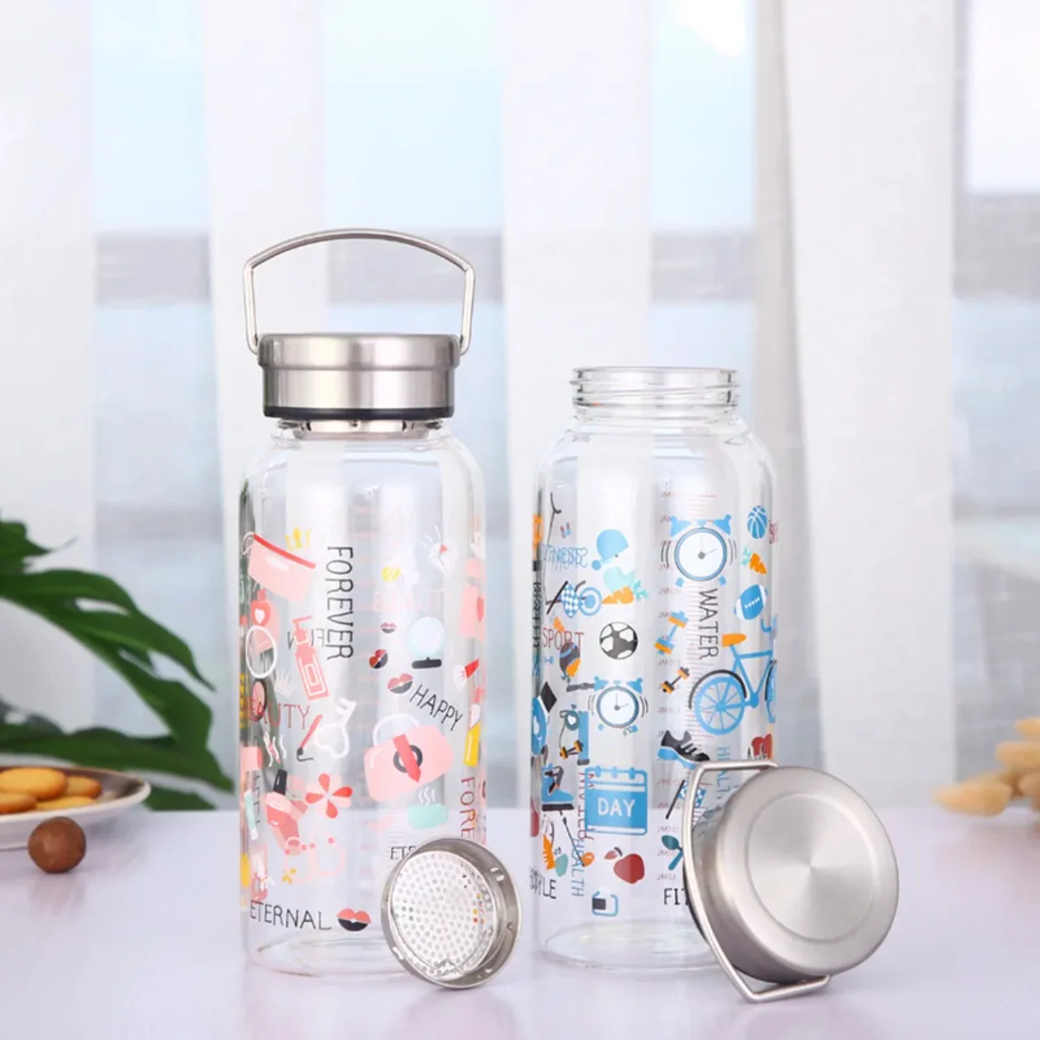 1000ml Large Glass Water Bottle Doodle Personality Drinkware High Temperature Resistant Glass Tumbler Cup Handle Tour Portable