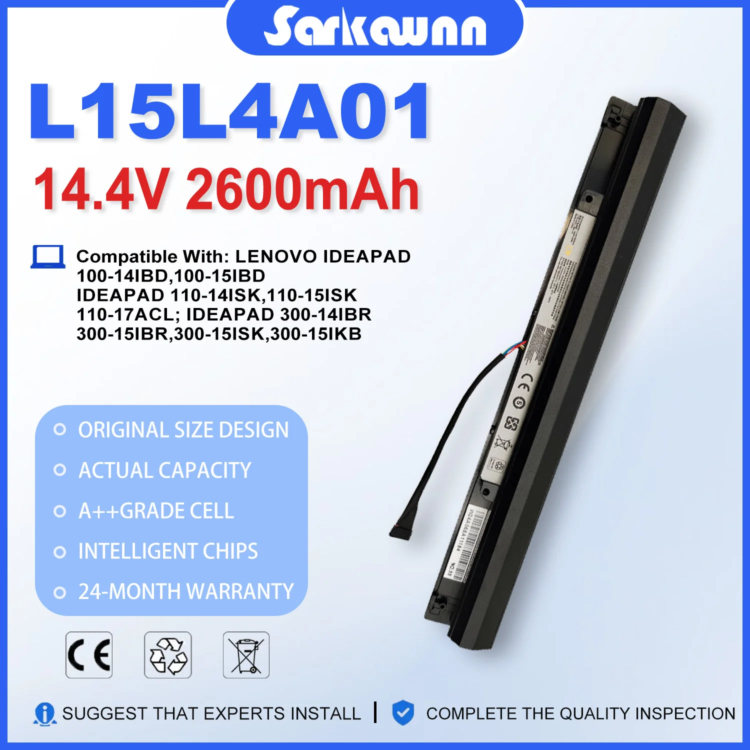 SARKAWNN 4CELLS L15L4A01 Laptop Battery For IdeaPad 100-15IBD(80QQ009LGE) (80QQ00GCGE)(80QQ018HGE) IdeaPad 80QH00BCUS, TianYi10