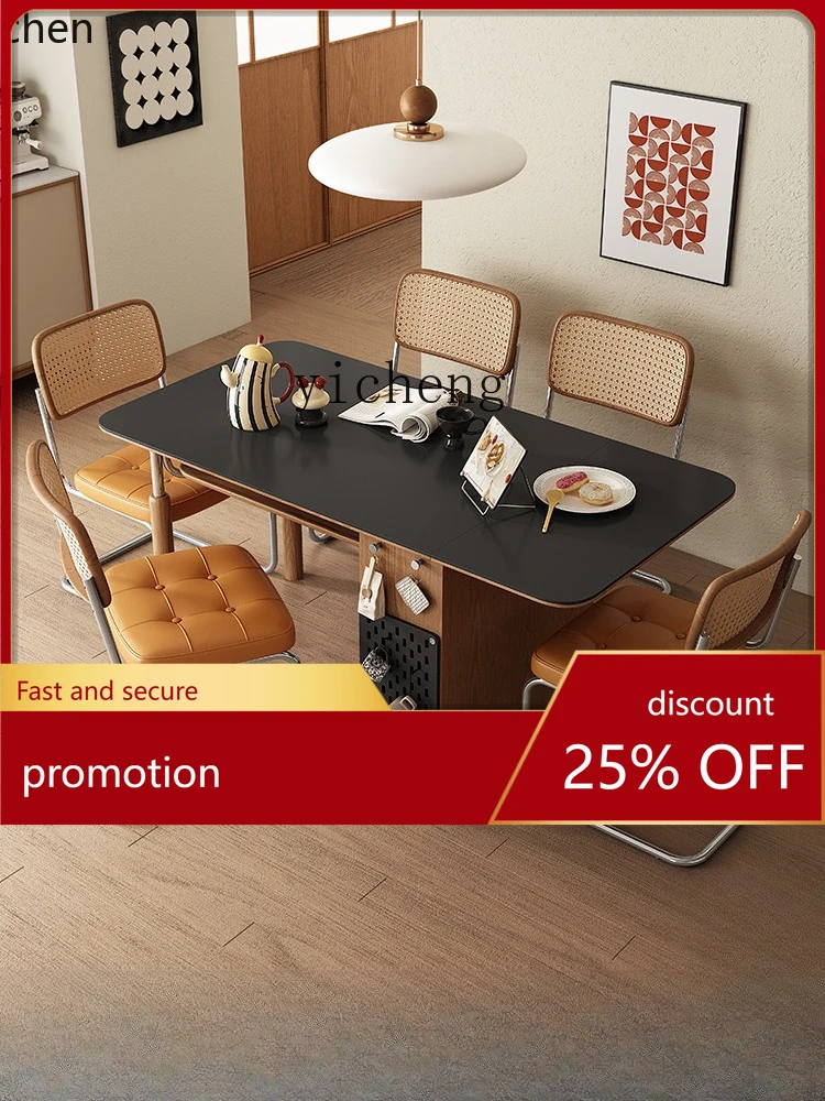 

ZML Vintage Style Solid Wood Rock Slab Dining Table and Chair Set Home Dining Table Extendable Foldable