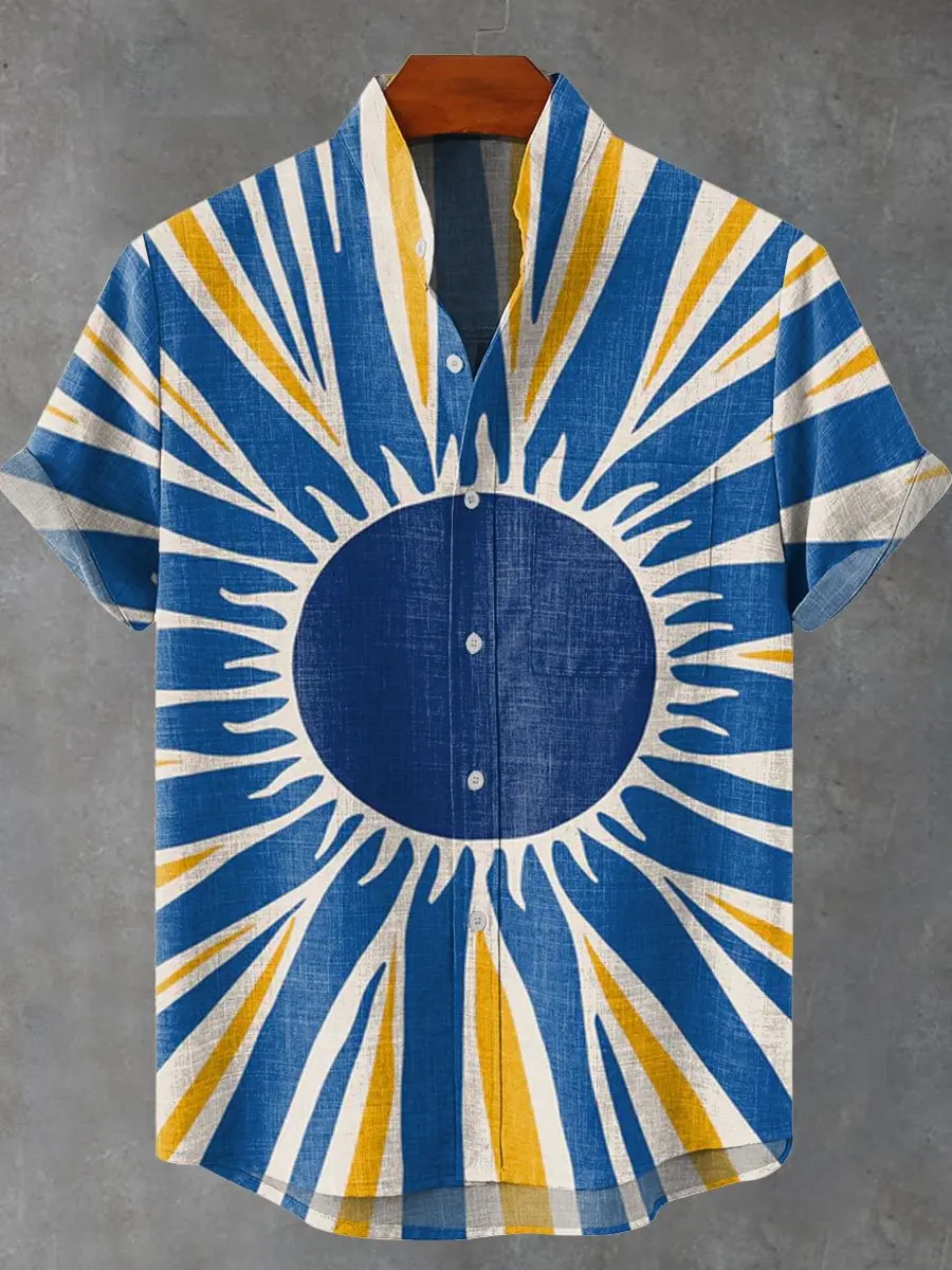 

Trendy 2025 retro design 3D printed pattern men's casual linen stand up collar front pocket comfortable plus size short sleeved