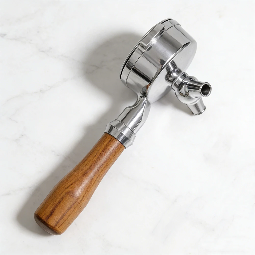 Custom Luxury Eco Friendly 58mm Stainless Steel Double Spout Espresso Portafilter Wood Handle Coffee Accessory Easy Clean