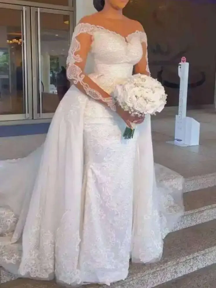 Vestido de novia de cola desmontable de sirena africana, moda personalizada, manga larga, encaje Retro, cola de pez nupcial, 2024