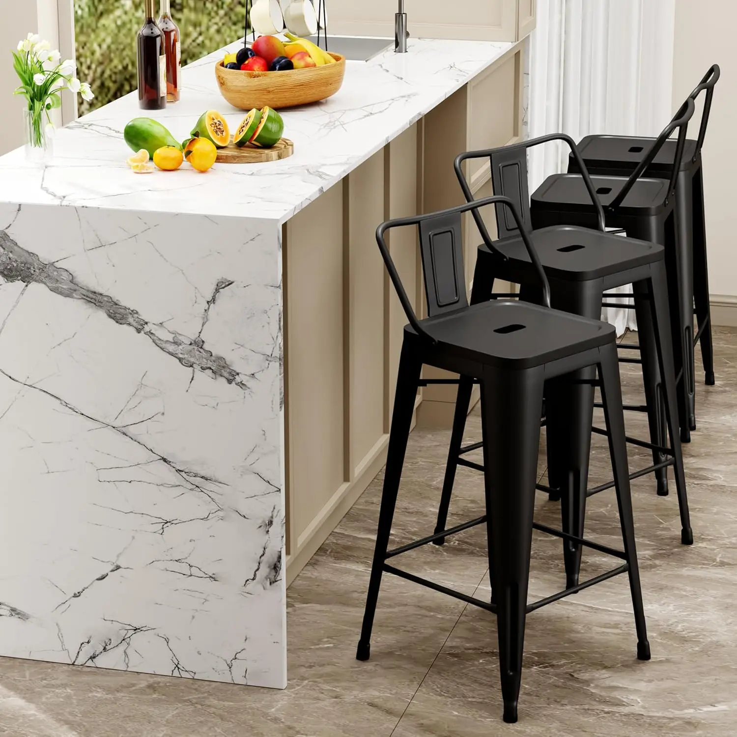 طقم مقاعد بار معدنية مكون من 4 مقاعد بار صناعية مع دعامة X، أسود غير لامع، 30 بوصة #2