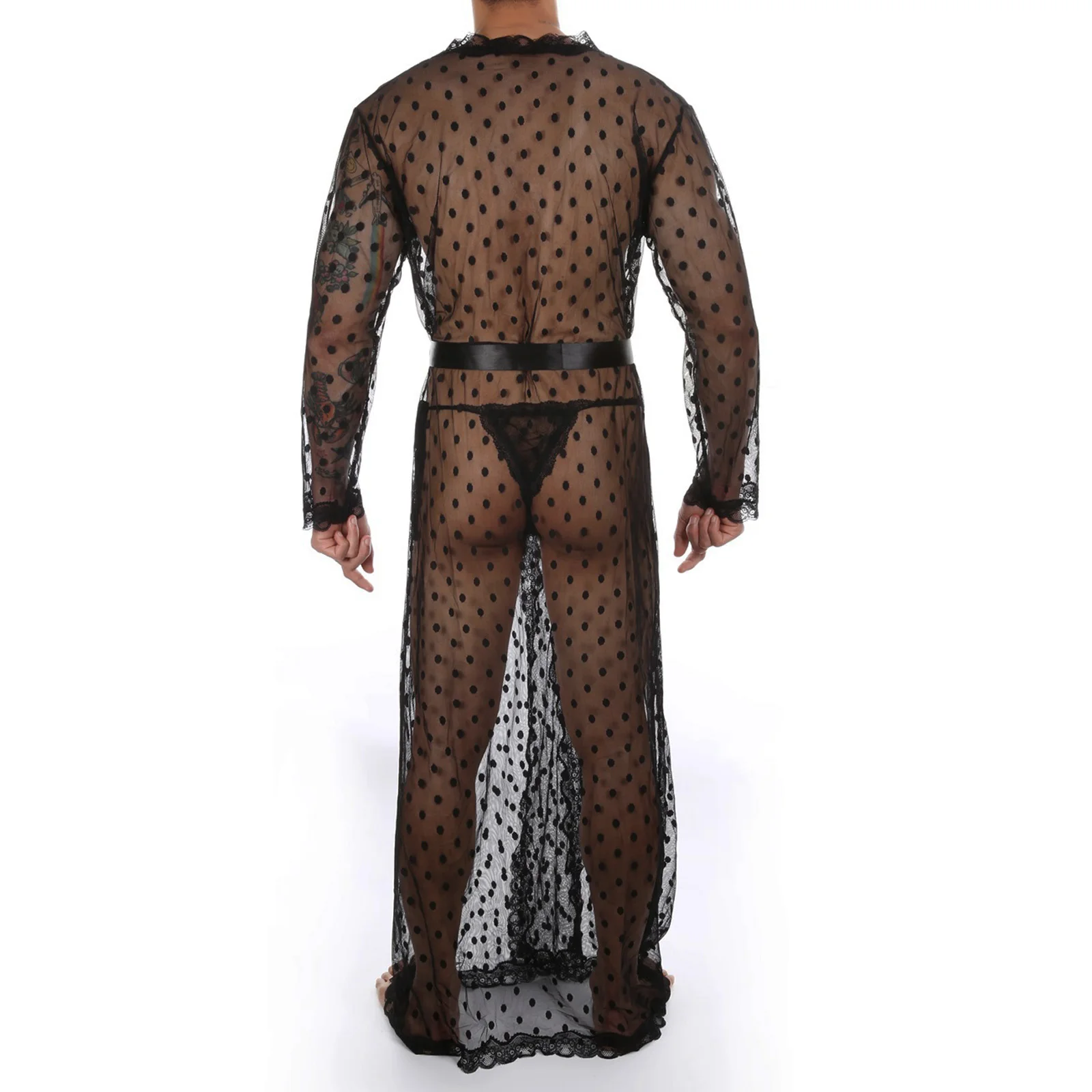 Sexy Lingerie Robe Lace Sheer Bathrobe Man Long Nightwear Erotic Sleepwear See Through Men Dressing Gown and Thong