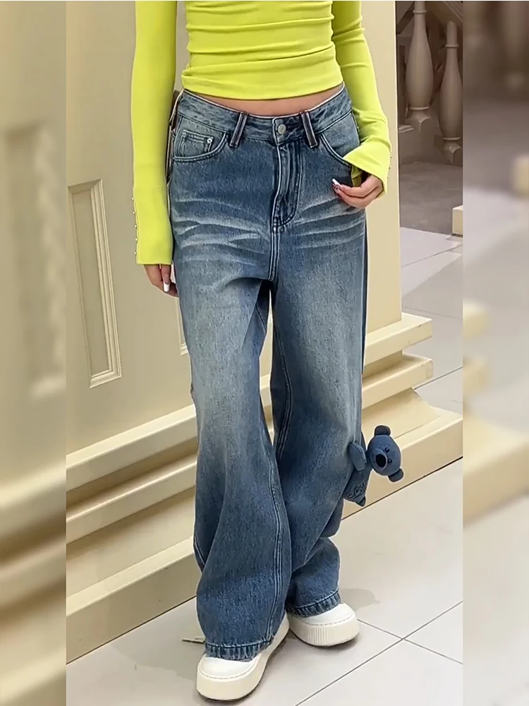 

American High Street Unique Design Women's Retro Subculture Personali Trend Straight Leg Floor-Length Jeans Casual Outerwear