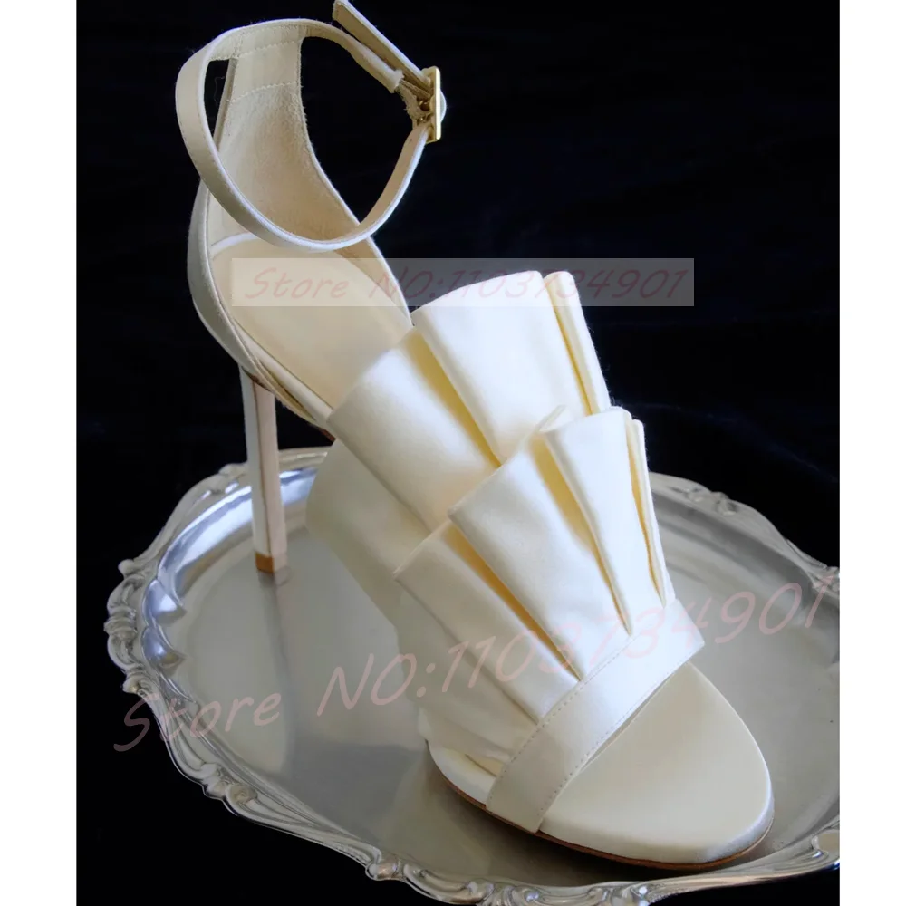 

Women's White Satin Stiletto Heel Sandals Peep Toe With Ruffles Wedding Shoes Bridal Shoes