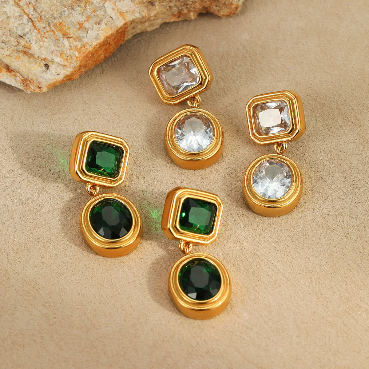 Vintage green zircon square round earrings premium simple vintage retro medieval earrings