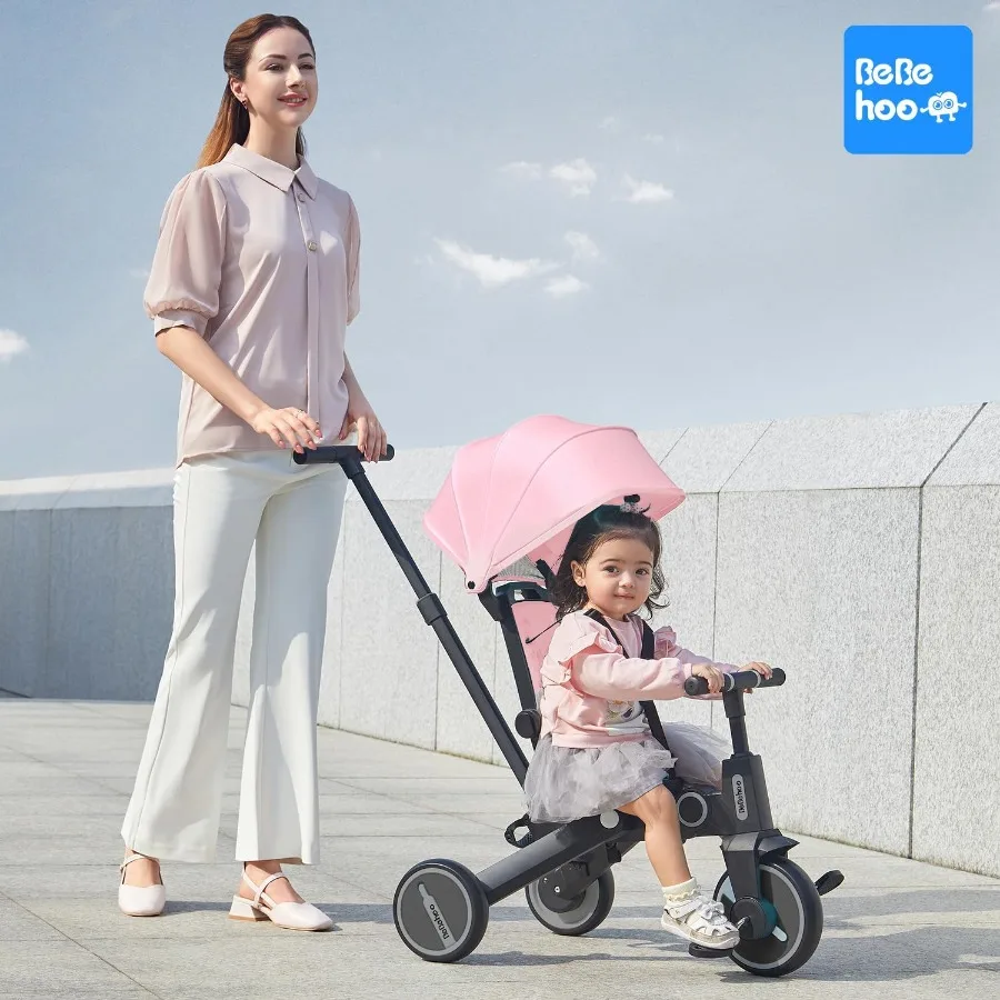 幼児用三輪車ベビーカー 折りたたみ式ベビー三輪車バランスバイク プッシュハンドル付き幼児用ベビーカーバイク 1歳から5歳向け 7インチ