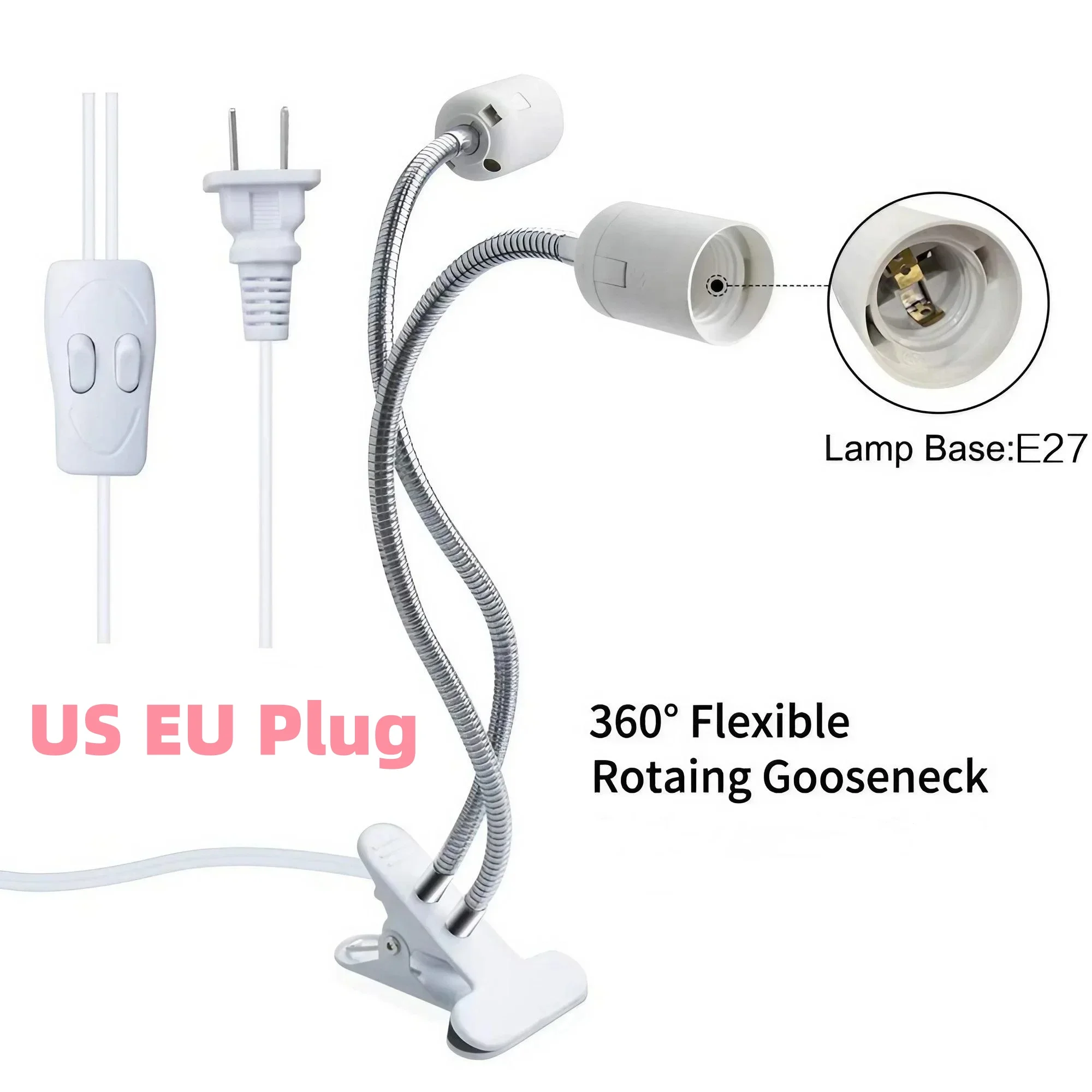 360 Degree Flexible Desk Lamp Holder E27 EU US Plug Light Base Single/Double Ended Socket Gooseneck Clip-on Cable with On Switch