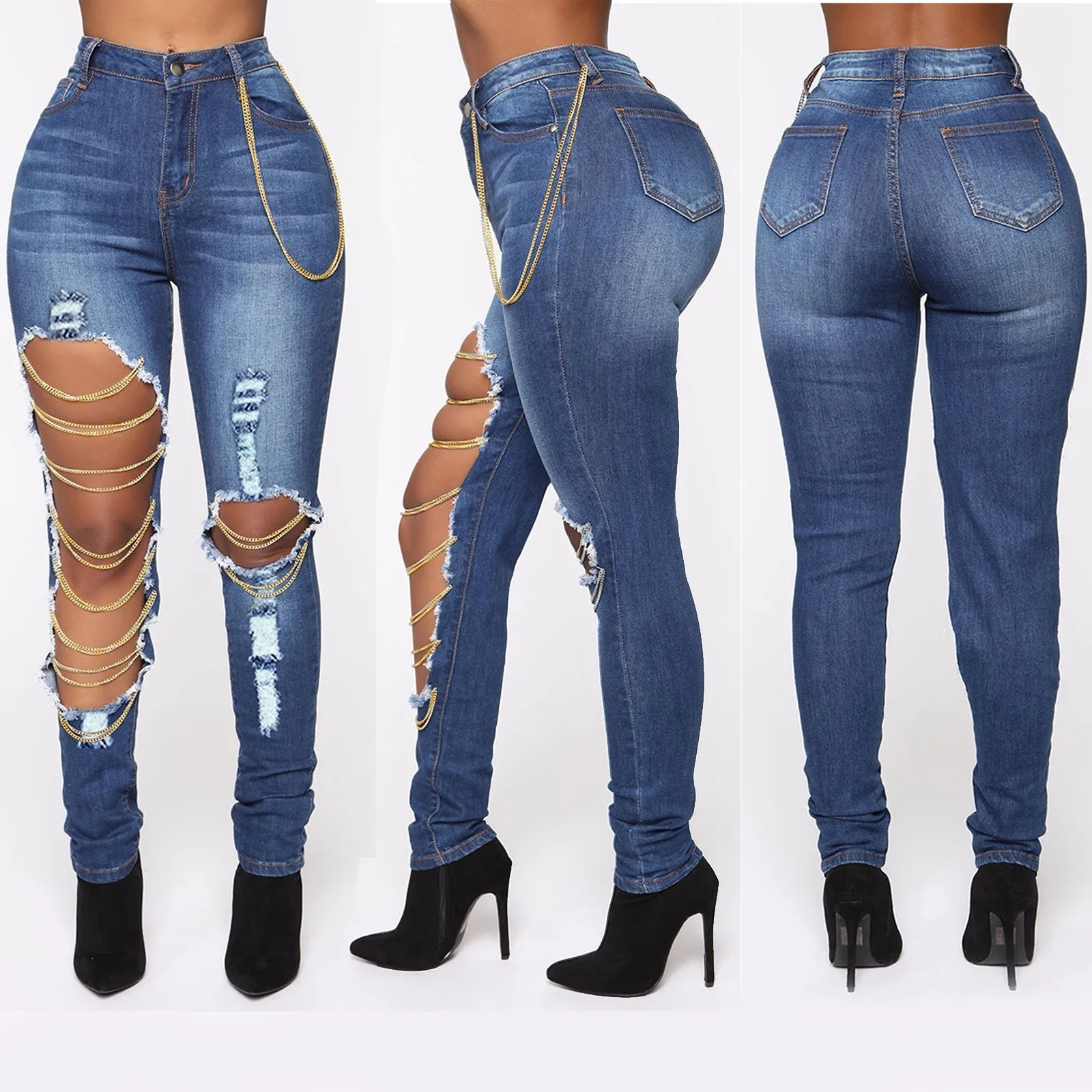 

Ladies' Irregular Holes Jeans With Chain Hanging Slim Washed High Waist Leisure All-Match Chic Elasticity Pants