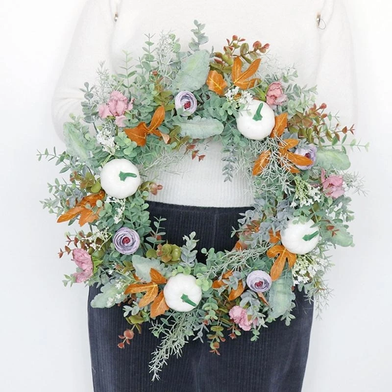 

Artificial White Pumpkin Wreath with Green Leaves Hanging Garland Pendant for Thanksgiving Halloween Fall Front Door Gift 15UB