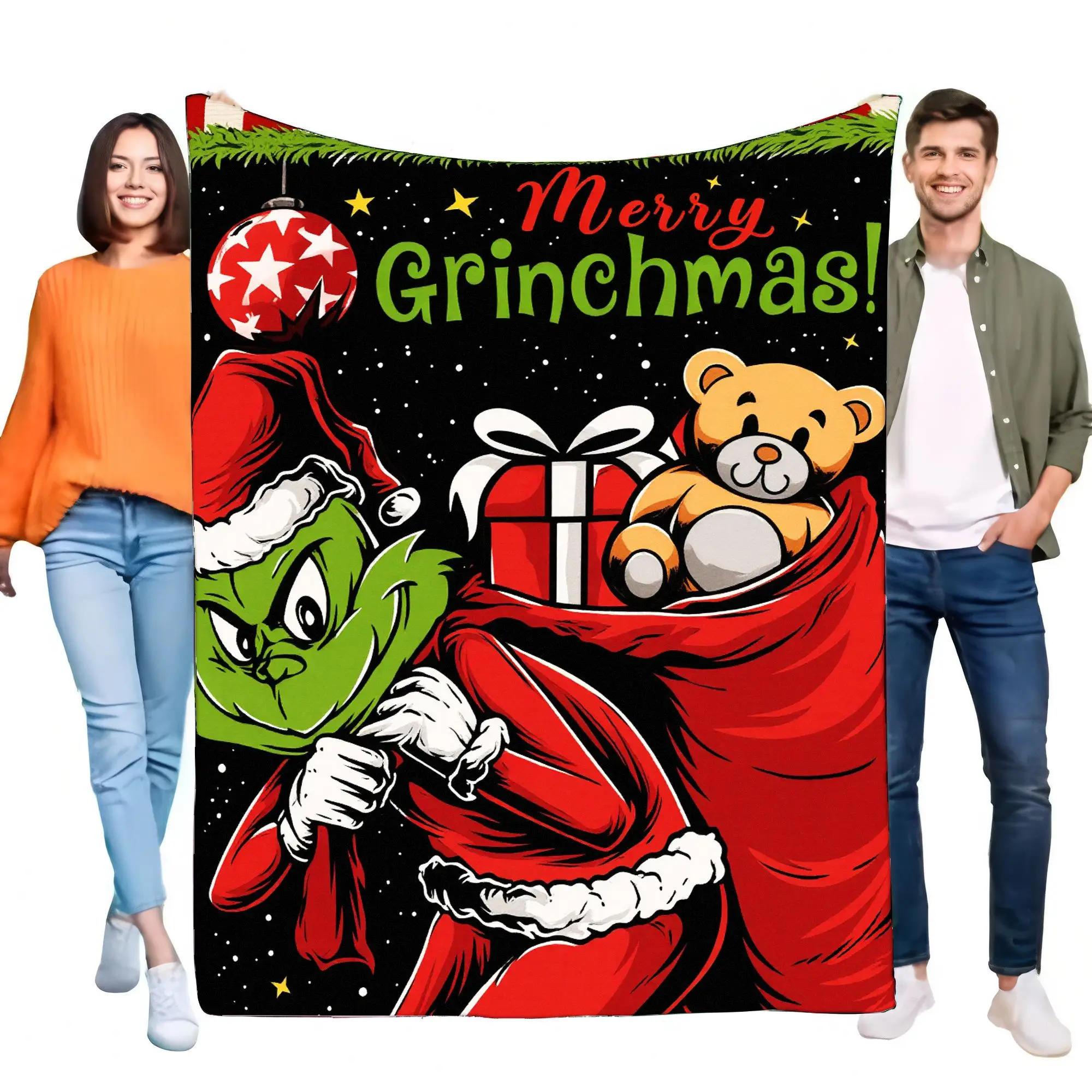 Frohe Grinchmas-Überwurfdecke, gemütliches Plüsch-Fleece für Weihnachtsdekoration, weiches Geschenk für Kinder und Erwachsene, Couch-Bettdecke mit niedlichem Grinch
