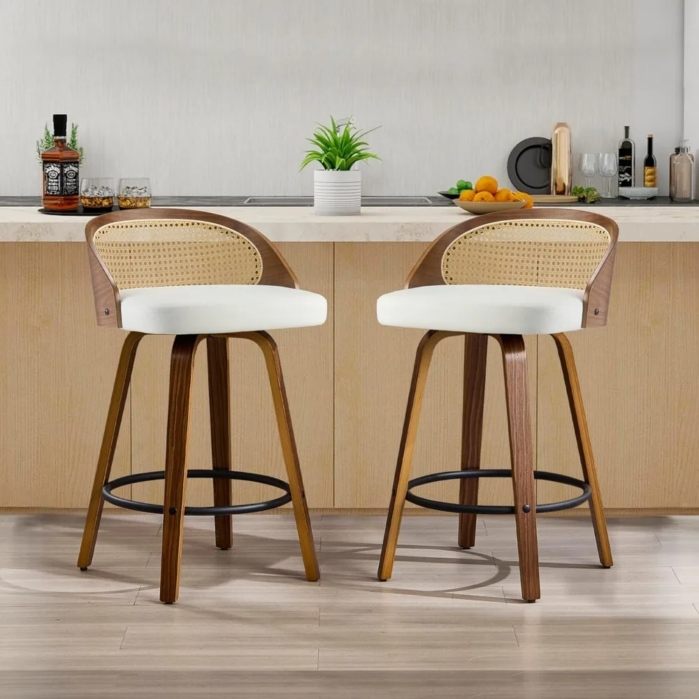 

26 inch Swivel Bar Stools with Back, Set of 2 Mid-Century Modern Walnut Barstools, White PU Leather Bar Chairs with Footrest for
