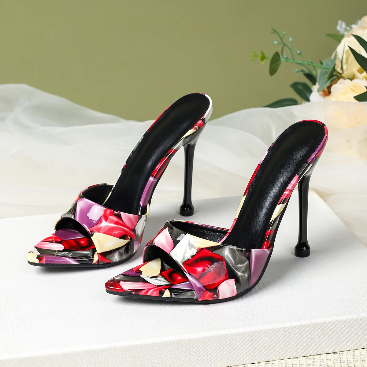 Summer Printed Slingback Sandals Fine Heels Women Shoes Open Toe Slip on Slippers Fashion Female Pumps Zapatos Mujer