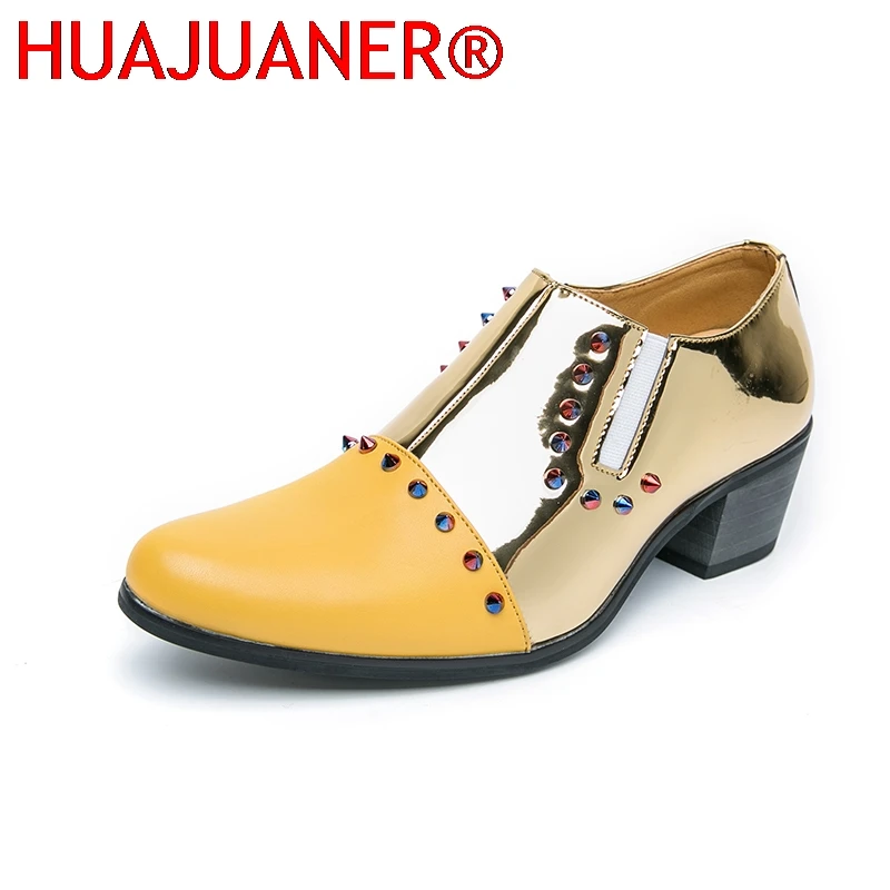 Bright-faced Gold Men High Heel Dress Shoes Rivet Breathable Leather Shoes Summer Fashion Pointed Toe Party Wedding Men Loafers