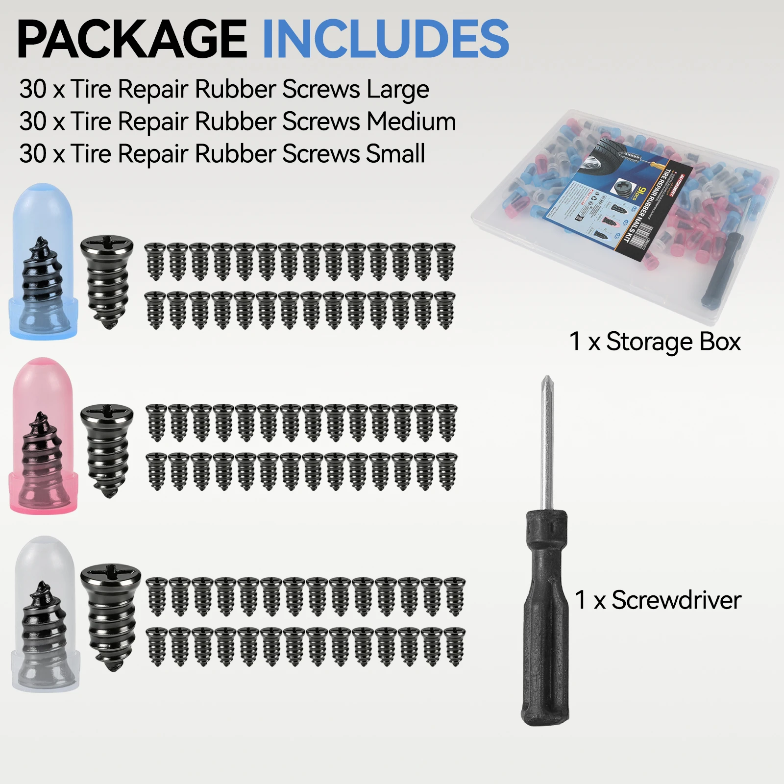 

91PCS Car Vacuum Tire Repair Nail Rubber Screw Nails+ Screwdriver Tool Set w/Box Motorcycle Scooter Tubeless Tire Repair Kit