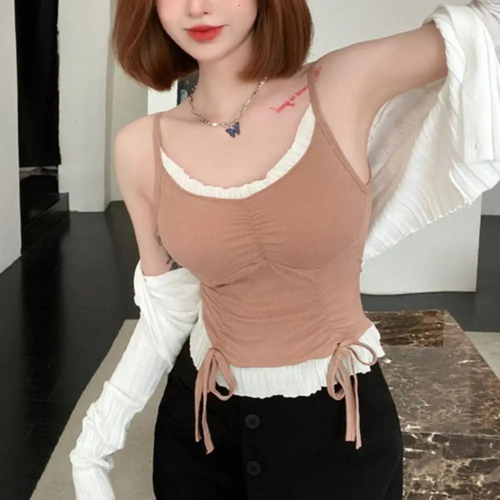 

Мягкий укороченный топ на шнуровке с рюшами, милый жилет, майка без рукавов, облегающий корейский бюстгальтер с подушечками, камзол для девочек