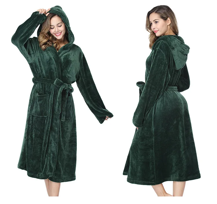 Flannel Bathrobe Gown Long Sleeve Nightgown Women Hooded Sleepwear Warm Couple Winter New Kimono Peignoir with Pocket Loungewear