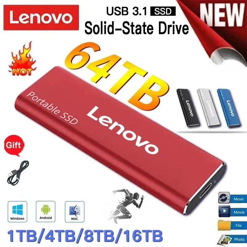 

Новый внешний твердотельный накопитель Lenovo 16 ТБ (SSD) 2026 года, портативный жесткий диск для ПК и ноутбуков, USB 3.1, мобильное хранилище данных